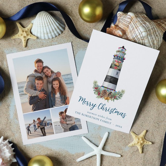 Cartes Pour Fêtes Annuelles Aquarelle du phare nautique 3 Photo Noël (Créateur téléchargé)