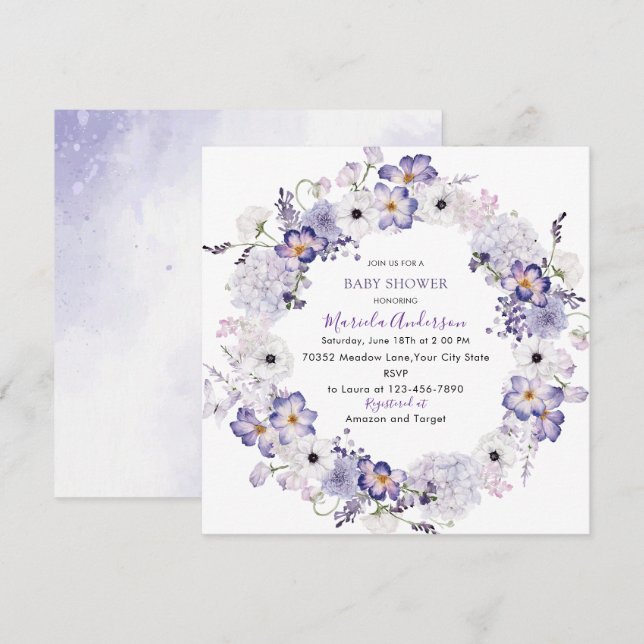 Cartes Pour Fêtes Annuelles Aquarelle élégant baby shower de fleurs lilas (Devant / Derrière)