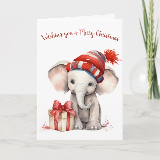 Cartes Pour Fêtes Annuelles Aquarelle Eléphant de Noël avec Casquette (Devant)