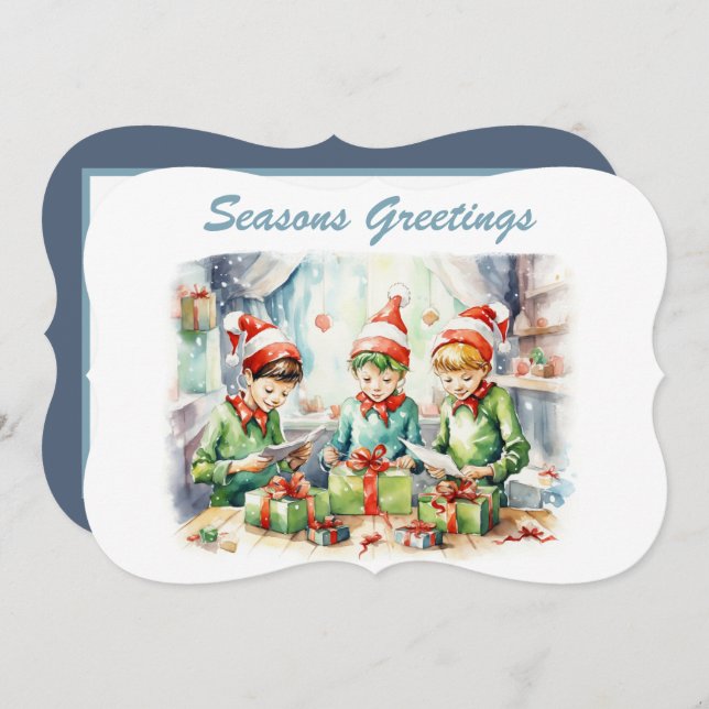Cartes Pour Fêtes Annuelles aquarelle elfe de Noël envelopper cadeaux ajouter  (Devant / Derrière)