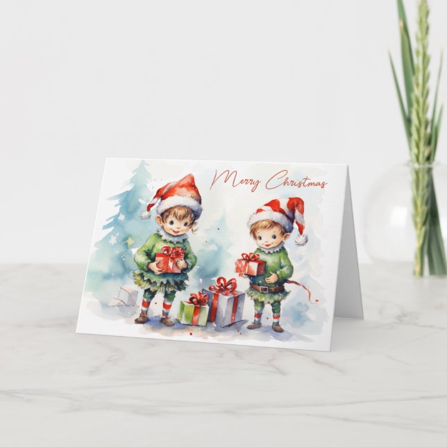 Cartes Pour Fêtes Annuelles Aquarelle Elfes de Noël avec cadeaux (Devant)