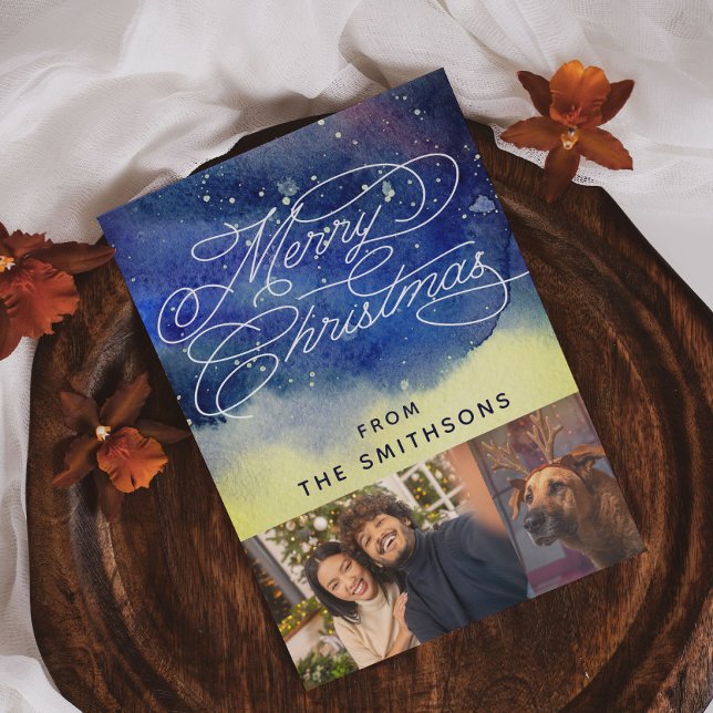 Cartes Pour Fêtes Annuelles Aquarelle et calligraphie Marine bleu 2 Photos per (Créateur téléchargé)