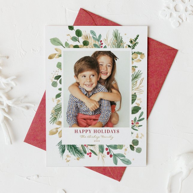 Cartes Pour Fêtes Annuelles Aquarelle et Faux Foil Végétation d'hiver Photo (Watercolor and Faux Gold Foil Winter Greenery Photo Happy Holidays Card)