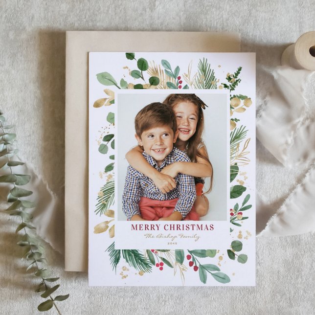 Cartes Pour Fêtes Annuelles Aquarelle et huile hiver verdure Photo Noël (Watercolor and Faux Gold Foil Winter Greenery Photo Merry Christmas Card)