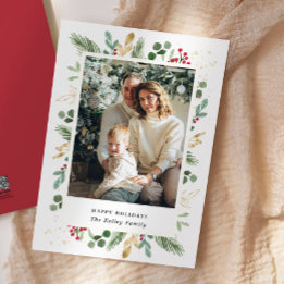 Cartes Pour Fêtes Annuelles Aquarelle Evergreens, Or Vert, photo unique