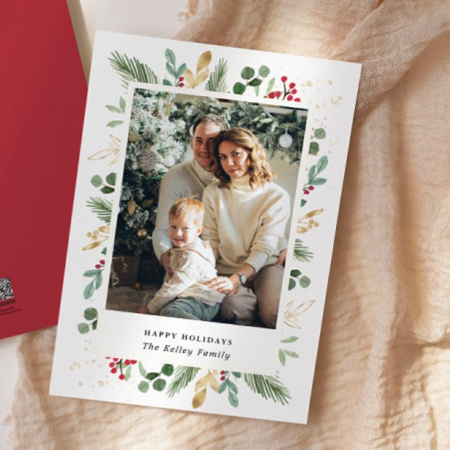 Cartes Pour Fêtes Annuelles Aquarelle Evergreens, Or Vert, photo unique (Créateur téléchargé)