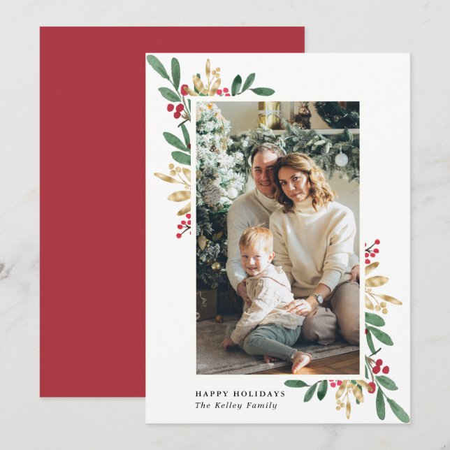 Cartes Pour Fêtes Annuelles Aquarelle Evergreens, Vert et Or, grande photo (Devant / Derrière)