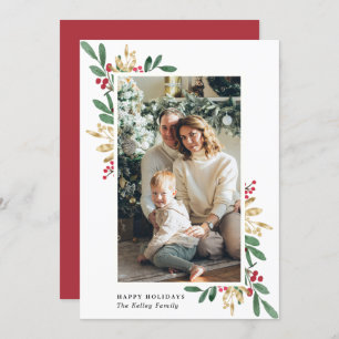 Cartes Pour Fêtes Annuelles Aquarelle Evergreens, Vert et Or, grande photo