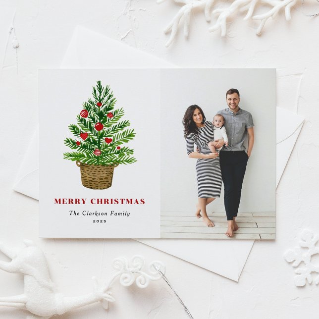 Cartes Pour Fêtes Annuelles Aquarelle Festive Arbre de Noël Photo de Noël (Créateur téléchargé)