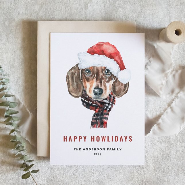 Cartes Pour Fêtes Annuelles Aquarelle Festive Dachshund Père Noël Joyeux Howli (Créateur téléchargé)