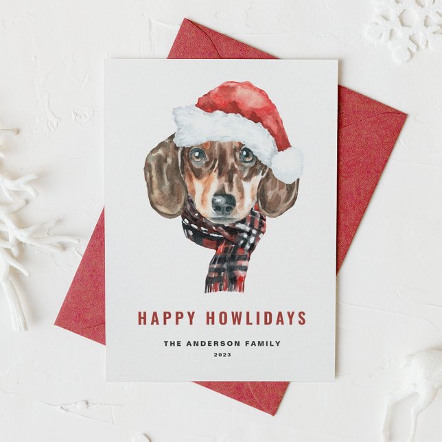 Cartes Pour Fêtes Annuelles Aquarelle Festive Dachshund Père Noël Joyeux Howli (Créateur téléchargé)