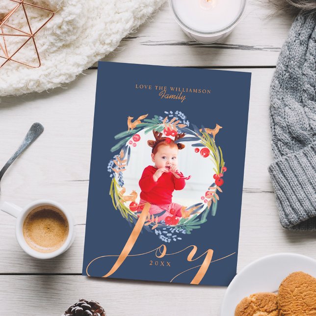 Cartes Pour Fêtes Annuelles Aquarelle Festive feuillage Wreath & Fox Photo (Watercolor Festive foliage Wreath & Fox Photo Holiday Card)