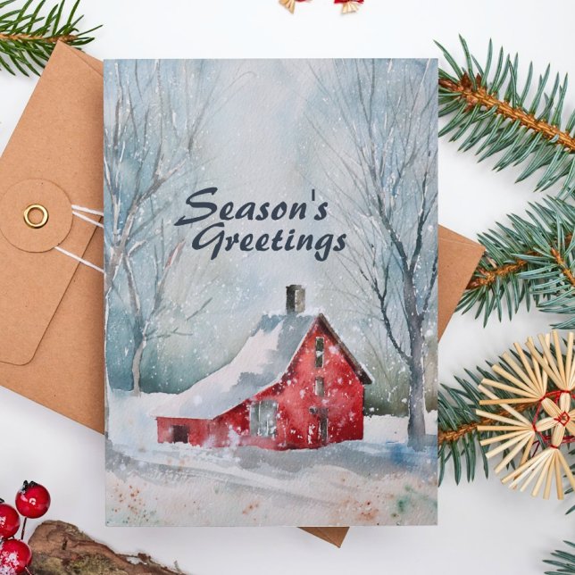 Cartes Pour Fêtes Annuelles Aquarelle Festive Hiver Scène Neige Maison Rouge S (Créateur téléchargé)