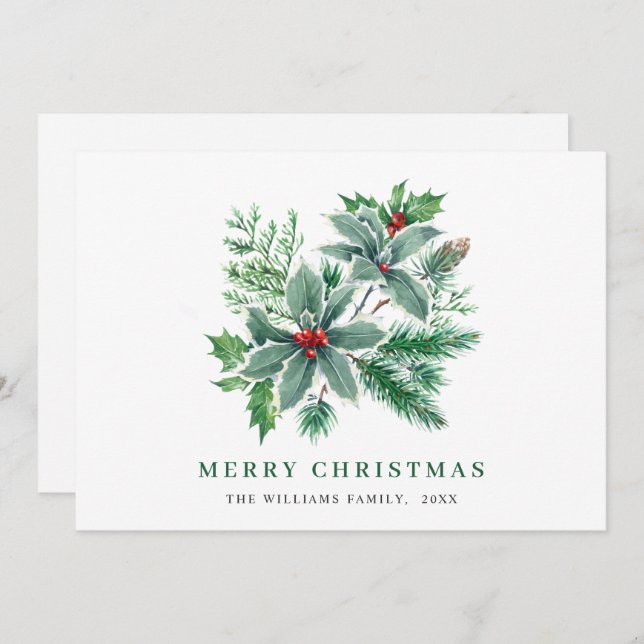 Cartes Pour Fêtes Annuelles Aquarelle Festive Holly Berry Salutation de Noël (Devant / Derrière)