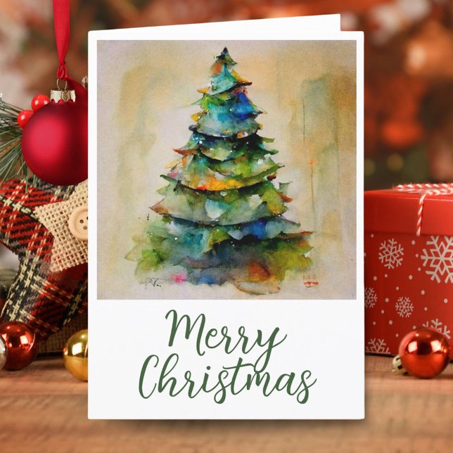 Cartes Pour Fêtes Annuelles Aquarelle festive Joyeux Arbre de Noël Artistique (Créateur téléchargé)