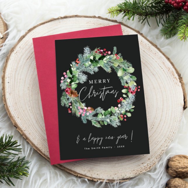 Cartes Pour Fêtes Annuelles Aquarelle Festive Noël Wreath Black (Créateur téléchargé)
