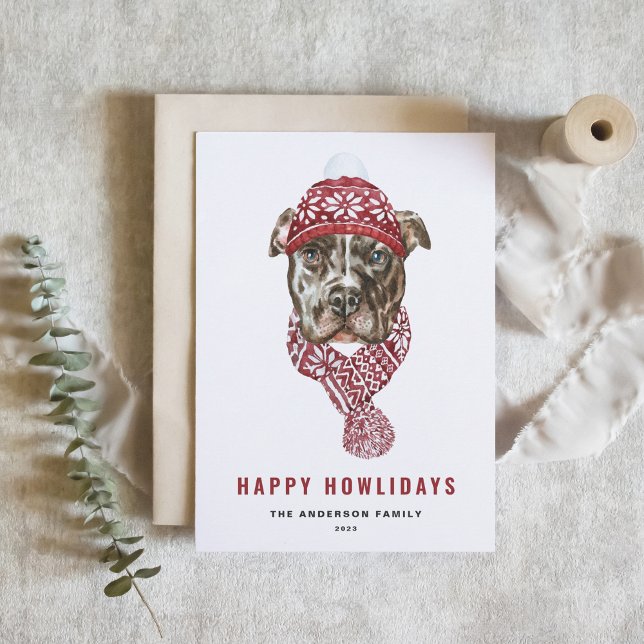 Cartes Pour Fêtes Annuelles Aquarelle Festive Pitbull Joyeux Howlidays (Créateur téléchargé)