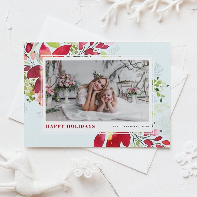 Cartes Pour Fêtes Annuelles Aquarelle Festive Rouge Poinsettia Photo Noël (Customizable photo holiday card featuring watercolor red red poinsettia and greenery)