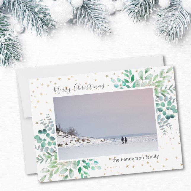 Cartes Pour Fêtes Annuelles Aquarelle Feuille Étoiles Photo Joyeux Noël (Créateur téléchargé)