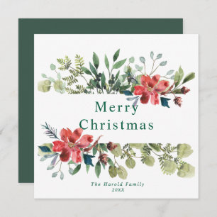 Cartes Pour Fêtes Annuelles Aquarelle Feuilles verts d'hiver avec fleurs rouge