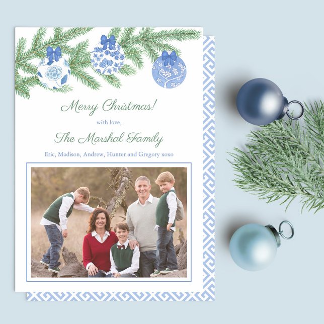 Cartes Pour Fêtes Annuelles Aquarelle Fir Arbre Bleu Blanc Xs Baubles Photo (Elegant Chinoiserie Ornaments Blue and white watercolor Christmas Card with family picture)