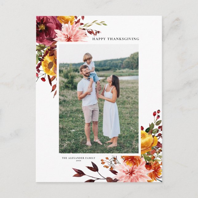 Cartes Pour Fêtes Annuelles Aquarelle Fleurs d'automne Thanksgiving Photo (Devant)