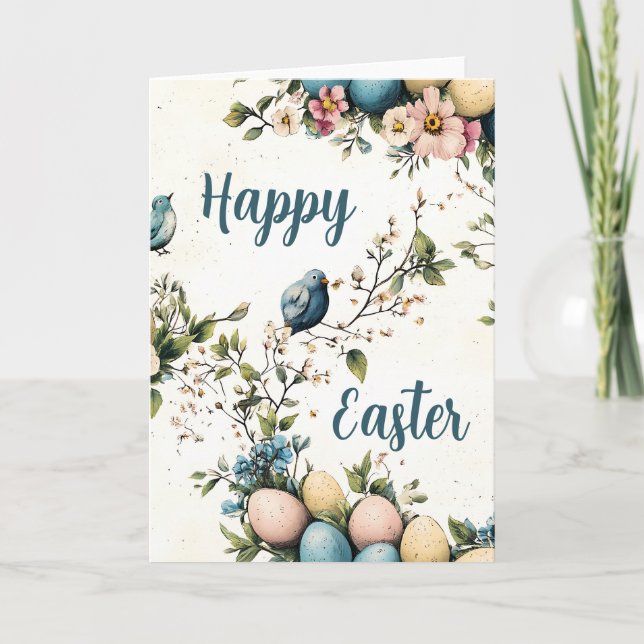 Cartes Pour Fêtes Annuelles Aquarelle Fleurs de printemps et oiseaux Pâques (Devant)