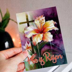 Cartes Pour Fêtes Annuelles Aquarelle Floral Croix de Pâques Il est ressuscité
