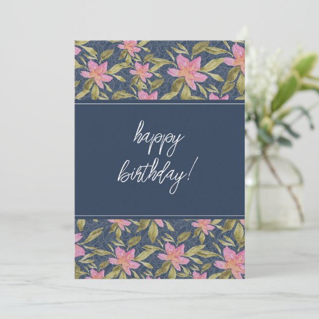 Cartes Pour Fêtes Annuelles Aquarelle Florale Boho Bleu Joyeux anniversaire (Debout devant)