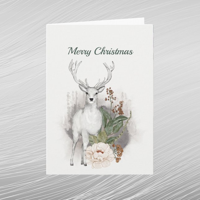Cartes Pour Fêtes Annuelles Aquarelle florale de cerfs blancs de Noël (Créateur téléchargé)