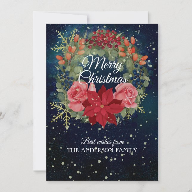 Cartes Pour Fêtes Annuelles Aquarelle florale de Noël couronne poinsettia roug (Devant)