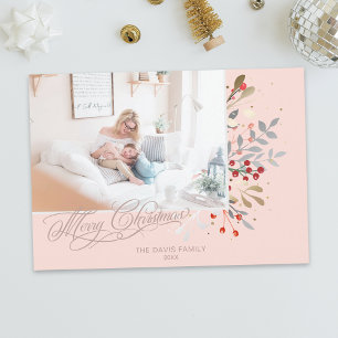 Cartes Pour Fêtes Annuelles Aquarelle Florale hivernale sur photo rose pâle