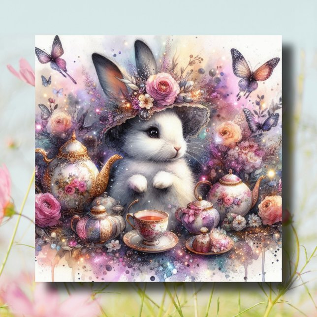 Cartes Pour Fêtes Annuelles Aquarelle Florale Pink Purple Bunny Thé de Pâques (Créateur téléchargé)