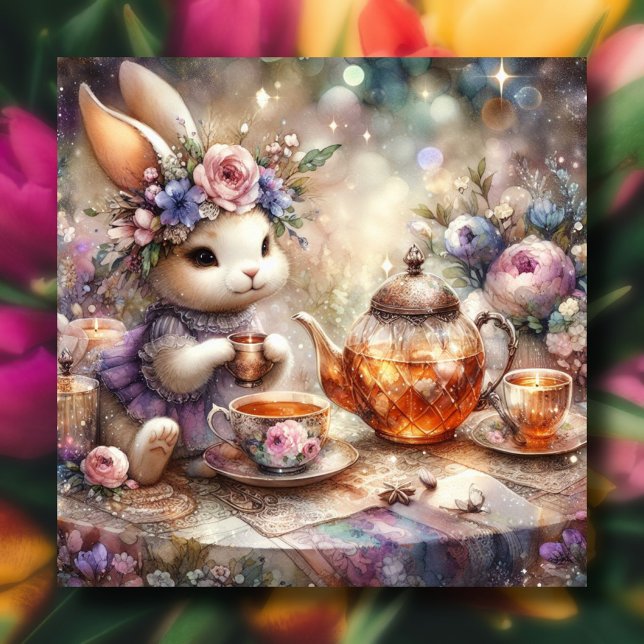 Cartes Pour Fêtes Annuelles Aquarelle Florale violet Soirée Thé Lapin de Pâque (Créateur téléchargé)