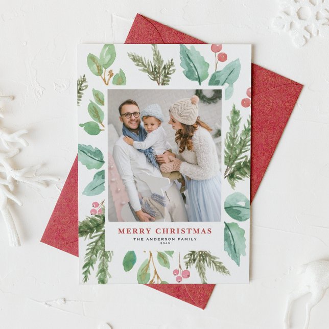 Cartes Pour Fêtes Annuelles Aquarelle Folio de Noël et photo de cadre creux (Customizable photo Christmas card featuring watercolor frame of winter greenery and winterberry)