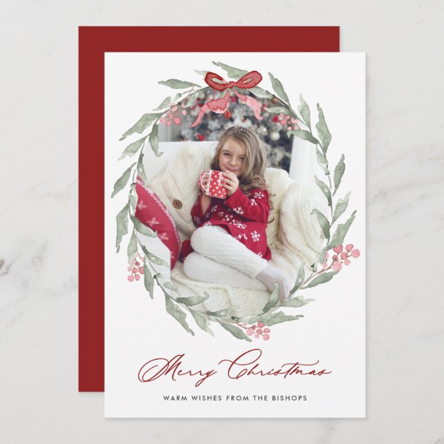 Cartes Pour Fêtes Annuelles Aquarelle Folithe de Noël Wreath Photo (Devant / Derrière)