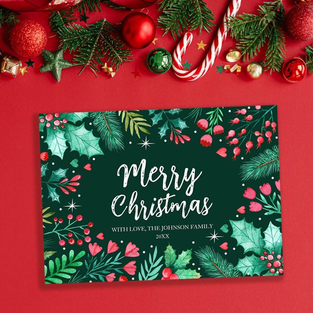 Cartes Pour Fêtes Annuelles Aquarelle Folitique Botanique Noël (Watercolor Botanical Foliage Christmas Holiday Card)