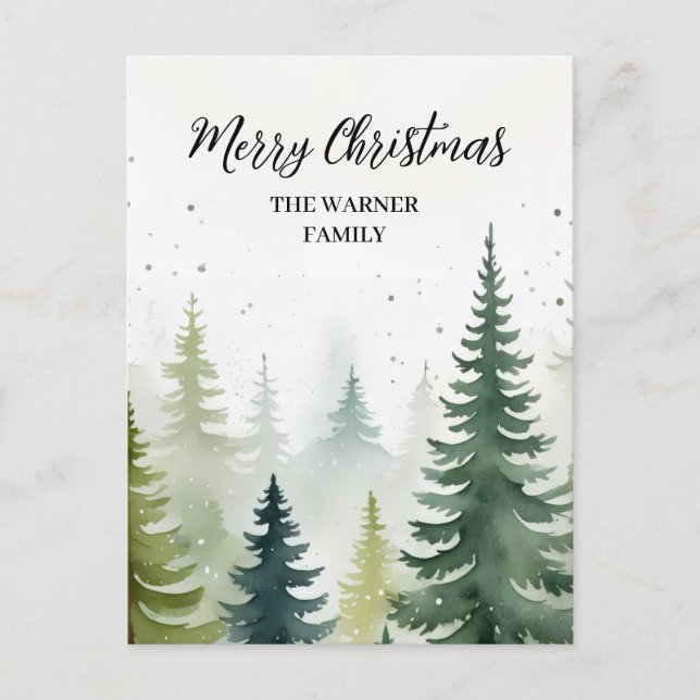 Cartes Pour Fêtes Annuelles Aquarelle Forêt de Noël Arbres neige hiver (Devant)
