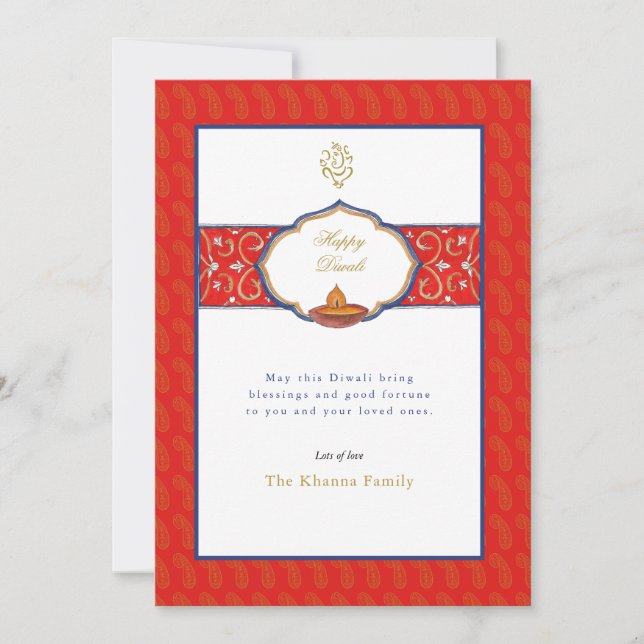 Cartes Pour Fêtes Annuelles Aquarelle Ganesh et Diya Diwali Salutations (Devant)