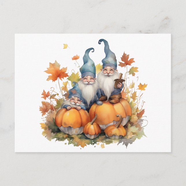 Cartes Pour Fêtes Annuelles Aquarelle Gnome Citrouille Thanksgiving (Devant)