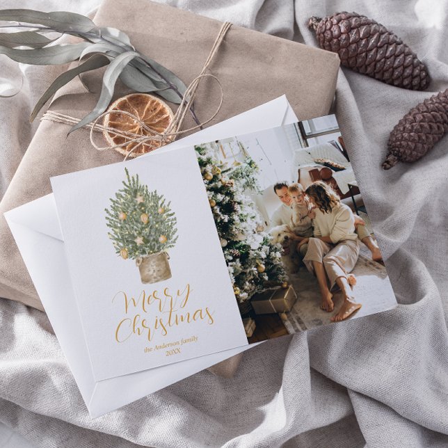 Cartes Pour Fêtes Annuelles Aquarelle Gold Tree photo Joyeux Noël (Créateur téléchargé)