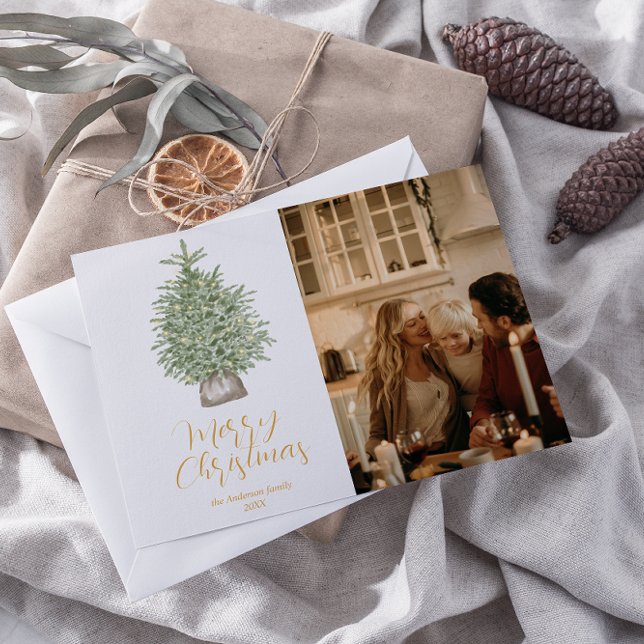 Cartes Pour Fêtes Annuelles Aquarelle Gold Tree photo Joyeux Noël (Créateur téléchargé)