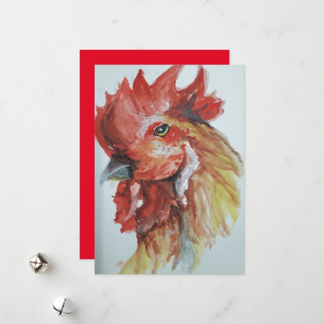 Cartes Pour Fêtes Annuelles Aquarelle grand tête de coq (Devant/Arrière en situation)