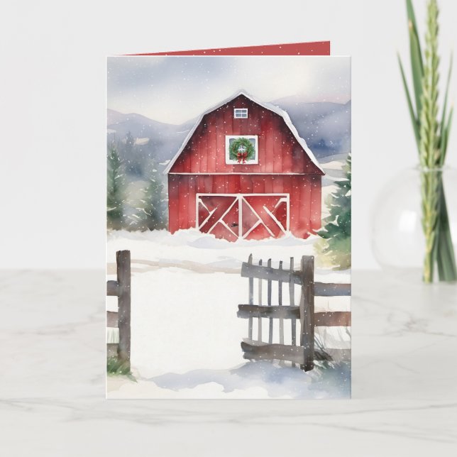 Cartes Pour Fêtes Annuelles Aquarelle Grange de Noël en neige (Devant)