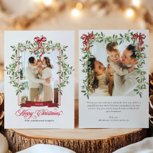 Cartes Pour Fêtes Annuelles Aquarelle Gui & Ruban 2-Photos Joyeux Noël