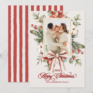 Cartes Pour Fêtes Annuelles Aquarelle Gui & Ruban 2-Photos Joyeux Noël