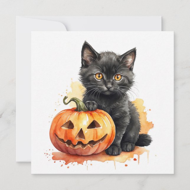 Cartes Pour Fêtes Annuelles Aquarelle Halloween Kitten noir et Citrouille (Devant)