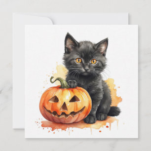Cartes Pour Fêtes Annuelles Aquarelle Halloween Kitten noir et Citrouille