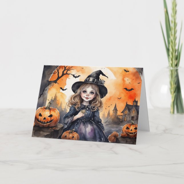 Cartes Pour Fêtes Annuelles Aquarelle Halloween sorcière (Devant)