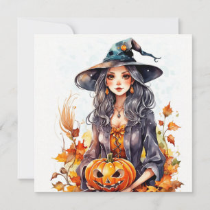 Cartes Pour Fêtes Annuelles Aquarelle Halloween sorcière avec Citrouille